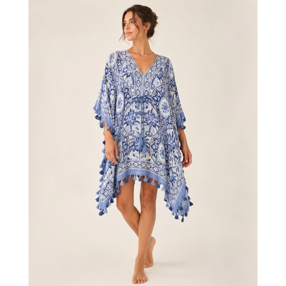 Spartina 449 Womens Tassel Kaftan OS Boho Resortwear Blue Coverup Dress